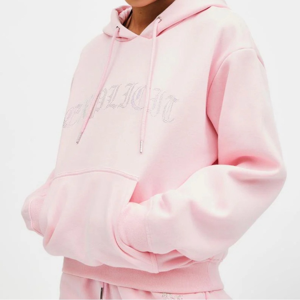 Pink Hoodie with Rhinestone Word and Rhinestone Strings